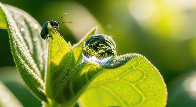 insect on leaf with dew drop