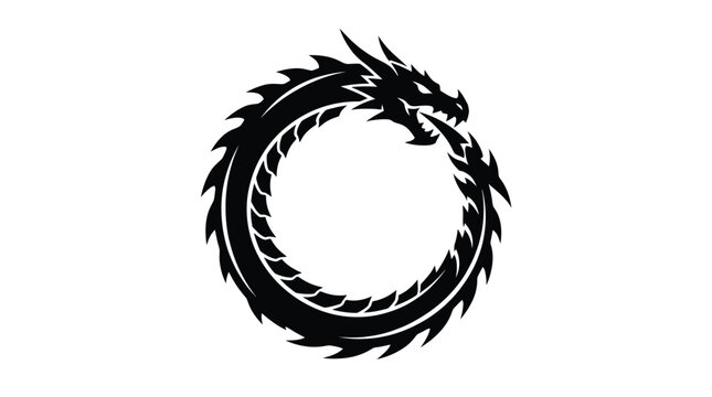 A sharp black circular dragon silhouette biting its own tail in a minimalist vector graphic style