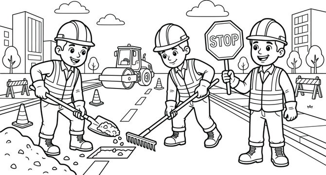 International-Labor Day Road Construction Workers Coloring Book Page Black And White Vector Line Art Illustration