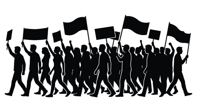 A large crowd of diverse people marching together holding protest signs and waving black flags