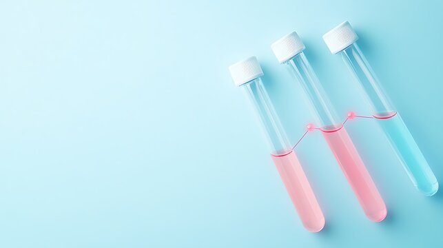 Three transparent medical test tubes connected with liquid levels and statistical data line graph on light blue background top view banner copy space