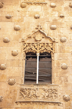 Ornate plateresque window detail of Casa de las Conchas in Salamanca