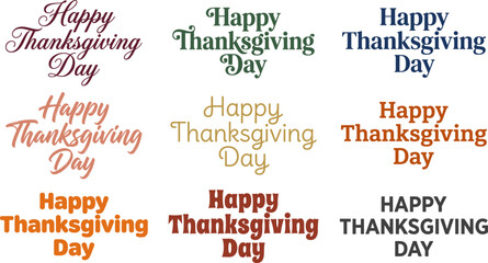 Collection of Happy Thanksgiving Day greetings in various colorful calligraphy styles and fonts isolated on transparent background © AhammadMiran99