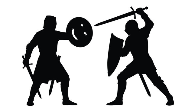 Two medieval knights in dark silhouettes engaging in a fierce sword fight with round shields