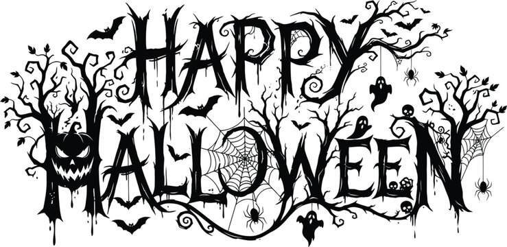 Happy halloween text design with scary trees bats spider webs and ghosts for spooky holiday party invitations Vector, illustration