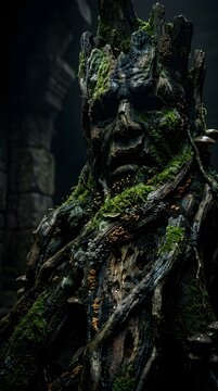 Ancient mossy tree face sculpture fantasy wood creature illustration
