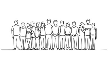 Obraz premium Large group of diverse people standing together in a line sketch drawing Vector, illustration