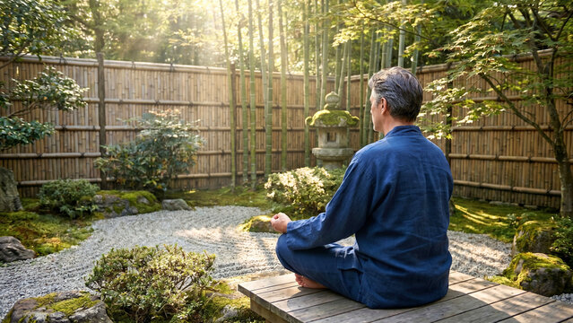 Middle-aged man meditating in Japanese garden with raked gravel in morning light wide, mature wellness mindfulness concept, mid-life meditation practice, zen garden mindfulness