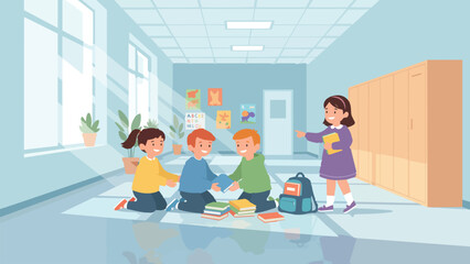 Obraz premium Diverse friends reading together on the floor of a sunny school hallway, surrounded by backpacks and lockers. Sinar matahari masuk dari jendela besar.
