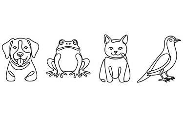 Fototapeta premium Set of cute animal icons including a dog frog cat and bird drawn in a simple continuous line art style Vector, illustration