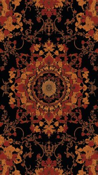 Intricate ornamental pattern with fractal plant-like motifs in red, orange, and black tones