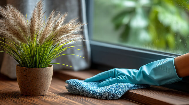Hand in blue glove cleaning wooden window sill with blue microfiber cloth, lifestyle phot