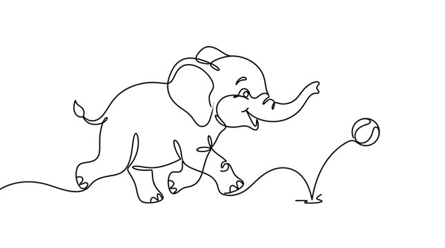 Continuous line art of a playful baby elephant running and chasing a bouncing ball with elephant childhood minimalist