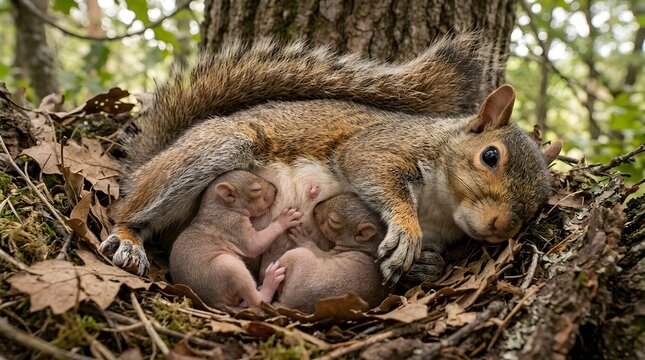 Natural Forest Beauty Capturing Loving Mother Squirrel Raising Healthy Twin Babies With Endless Devotion Daily
