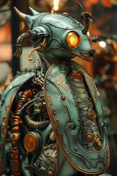 Intricate steampunk robot with glowing orange eyes and teal metallic plating, mechanical parts visible