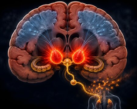 Anxiety amygdala hyperactivation brain diagram, HPA axis stress, neurology medical CGI illustration showing amygdala hyperactivation, reduced prefrontal control, HPA axis stress response and cortisol 