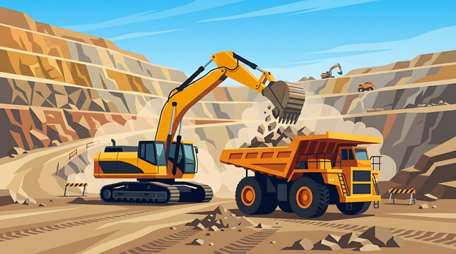 Heavy Duty Excavator Loading Rocks Into Dumper Truck in Open Pit Mine