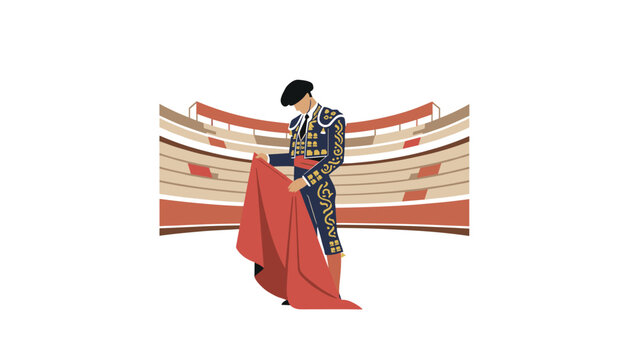 Bullfighter wears ornate gold-embroidered blue suit and holds a large red muleta cape while standing inside the massive bullring arena.