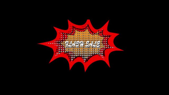 Flash sale promotional motion graphic animation. Features a vibrant red comic book starburst, retro pop art halftone pattern, and stylized text over a black background