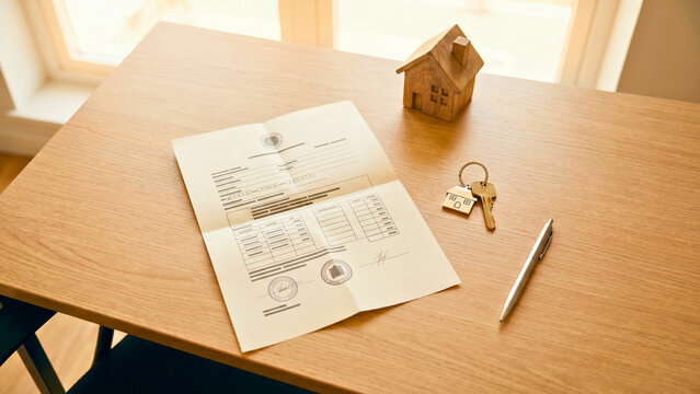 Mortgage document house key and miniature model on oak desk overhead wide, home purchase closing concept, real estate deal finalization, mortgage signing moment, home ownership achievement