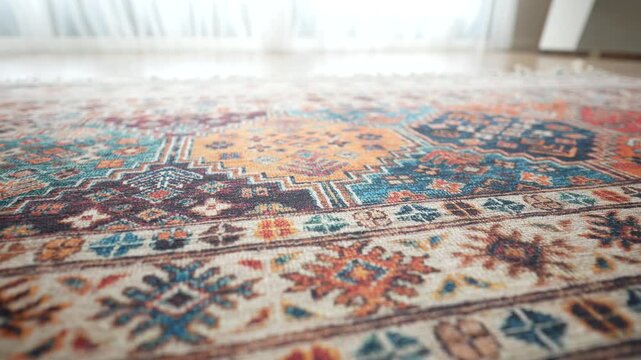 Low angle sliding shot of patterned oriental rug on wooden floor in sunlit living room with white curtains