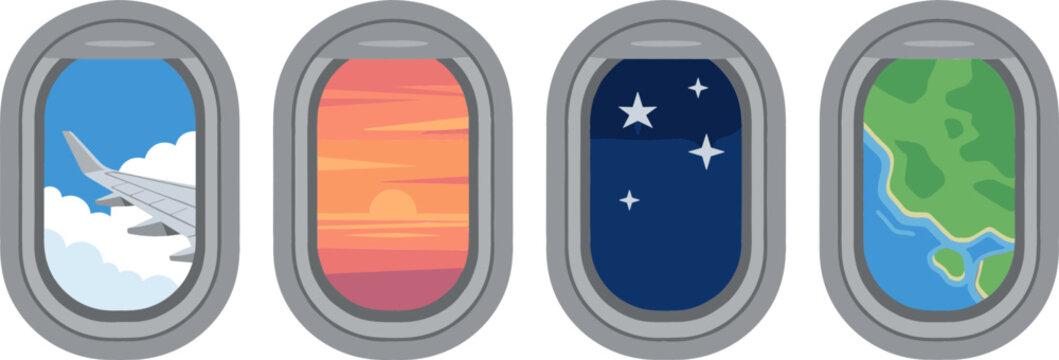 Airplane Porthole Window View Vector Set Featuring Airplane Wing Clouds Sunset Landscape Night Sky and Earth Map Graphics for Travel Apps