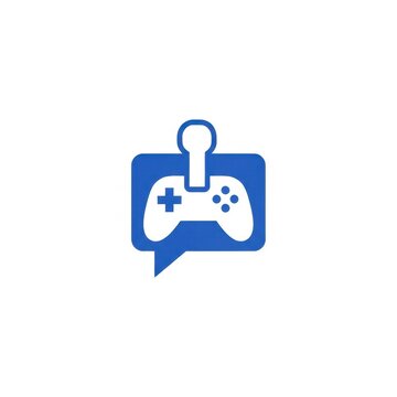 Minimalist blue speech bubble icon featuring a white video game controller and a joystick silhouette, isolated on a white background for gaming communities and esports chat platforms.