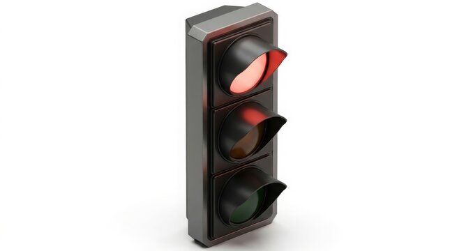 Traffic - Red Traffic Light Illuminated on Dark Metal Signal Housing Isolated on White Background