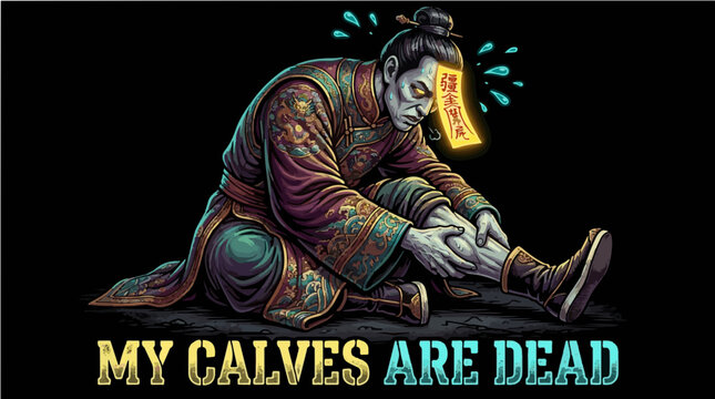 Funny Chinese vampire Jiangshi massaging tired calves vector illustration with the quote My Calves Are Dead, perfect for runner and fitness dark humor print on demand apparel.