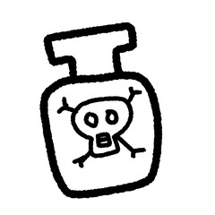 Cute doodle illustration of a poison bottle with a skull and crossbones symbol, simple hand drawn Halloween potion bottle.