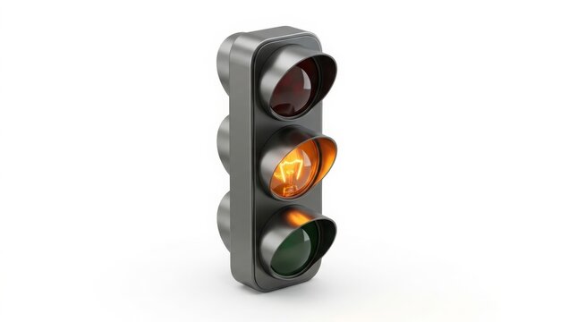 Traffic - Yellow Amber Traffic Light Glowing with Visible Incandescent Bulb Isolated on White Background