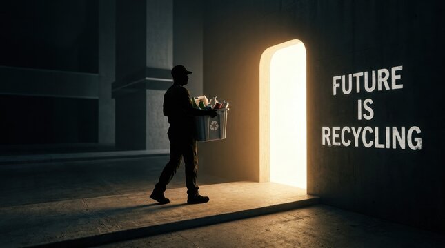 Silhouette of a man carrying a plastic recycling bin filled with waste bottles towards a glowing doorway in a dark industrial space with text Future is Recycling on the wall.