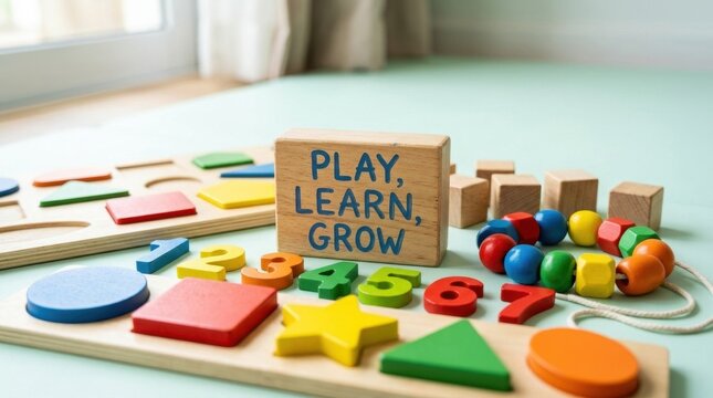 Wooden educational toys including colorful wooden numbers one to seven, geometric shape sorting board, bead string, and central block engraved with Play, Learn, Grow on green mat.