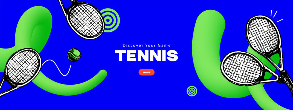 Tennis vintage banner, rackets and tennis ball. Trendy collage sport poster. Tournament, training, fitness concept. Vector hand drawn illustration.