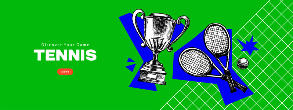 Tennis vintage banner with cup, rackets and tennis ball. Trendy collage sport poster. Tournament, training, fitness concept. Vector hand drawn illustration.