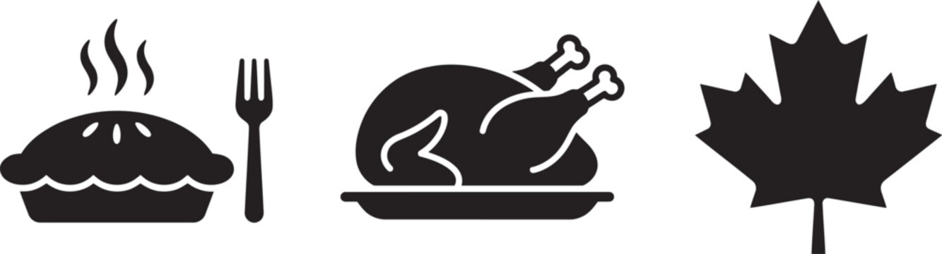 Iconography celebrating a traditional autumn harvest meal with pie and turkey alongside a maple leaf