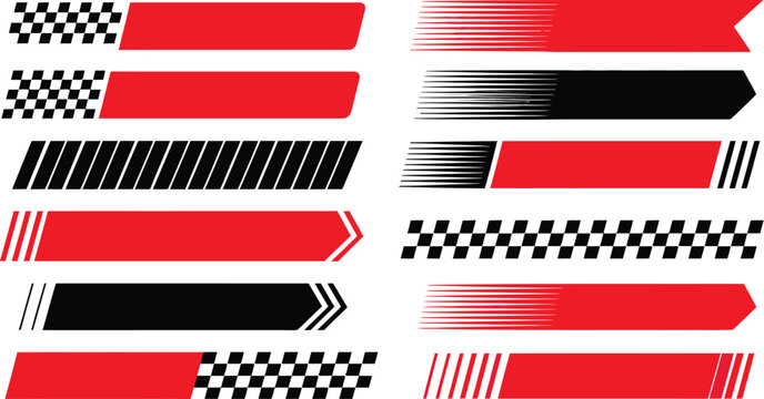 Set of red and black racing stripe vectors with checkered flag patterns isolated on a clean plain white background.