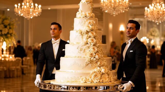 Uniformed servers presenting an ornate tiered wedding cake in a luxurious ballroom