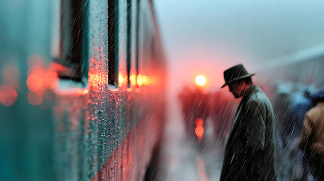 Rainy train platform with man and blurred sunset