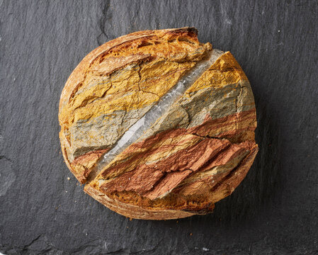 Sourdough Loaf Sliced Open Revealing Geological Rock Strata