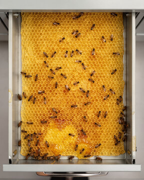 Open Office Filing Cabinet Drawer Filled With Live Honeycomb