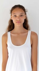 Fototapeta premium Portrait of a beautiful woman wearing white casual clothes standing against a bright neutral background
