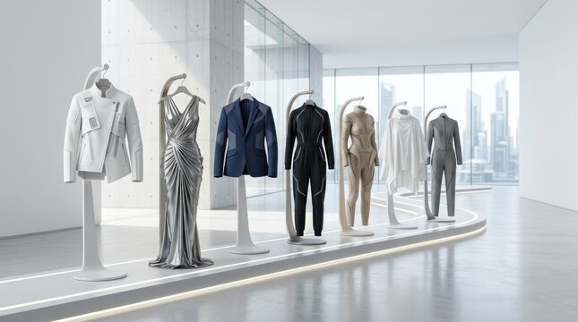 Futuristic fashion salon showcasing AI-created clothing