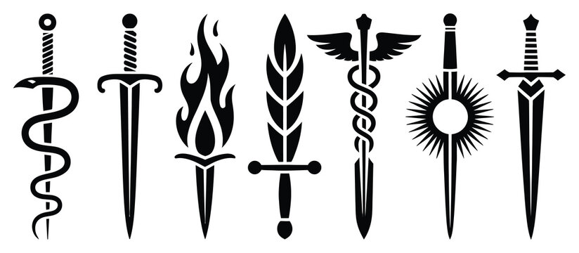 Fantasy sword tattoo set vector illustration featuring dragon wings, snake silhouette, and linocut style for gothic, mythical, and fantasy vector designs