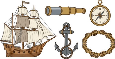 Vintage Nautical Vector Set with Sailing Ship Spyglass Compass Anchor and Rope Frame for Ocean Adventure Designs © Mst