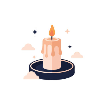 This vector art depicts a lit candle with melting wax on a dark stand, framed by stylized clouds and stars on a white background.