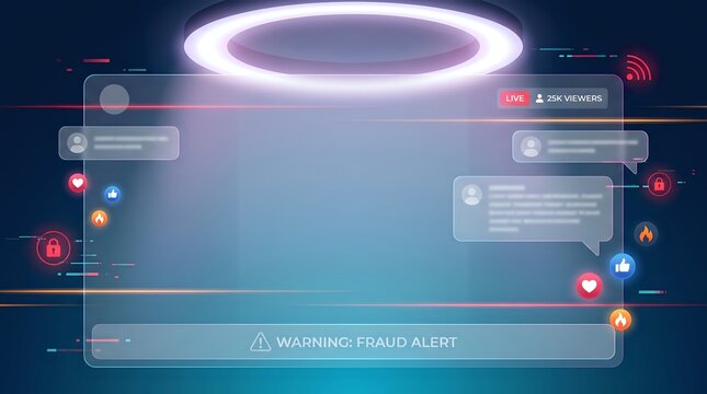 InfluencerFraudScene-BlueRed-GlassLive-CyberAwarenessPoster-DarkSocialBackground