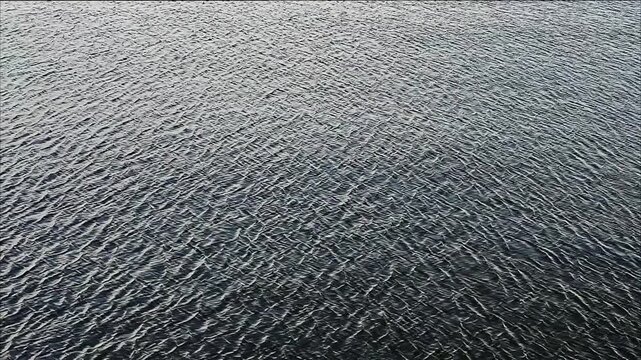Long shot video with high angle and fixed camera showing river water flowing from left to right with very slight ripples
