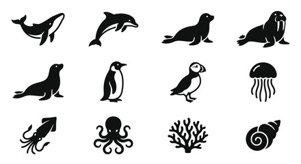 Marine Life Icons Set: Whale, Dolphin, Seal, Walrus, Penguin, Puffin, Jellyfish, Squid, Octopus © jual