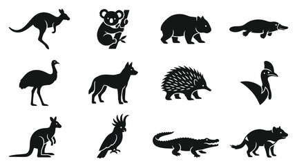 Australian Wildlife Silhouette Icons: Kangaroo, Koala, Emu, Wombat, Platypus, Dingo, Crocodile © jual
